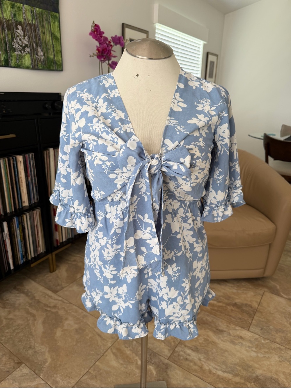 Blue Floral Tie-Front Romper
